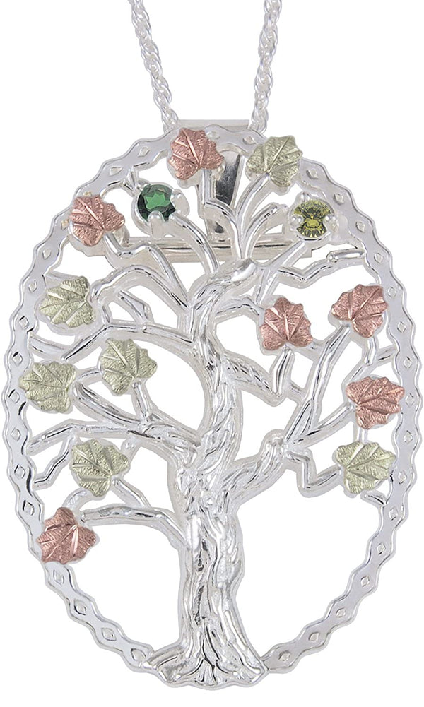 Emerald and Peridot Tree Pendant Necklace, Sterling Silver, 12k Green and Rose Gold Black Hills Gold Motif, 18"