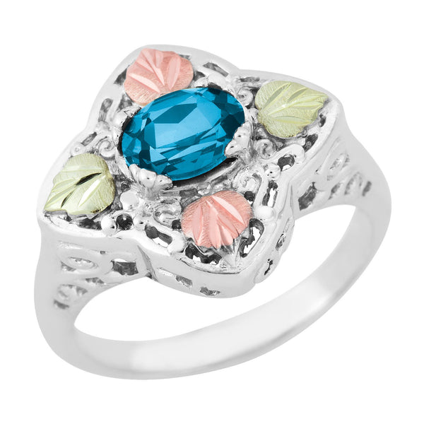 Oval Blue Topaz Quatrefoil Ring, Sterling Silver, 12k Green and Rose Gold Black Hills Gold Motif