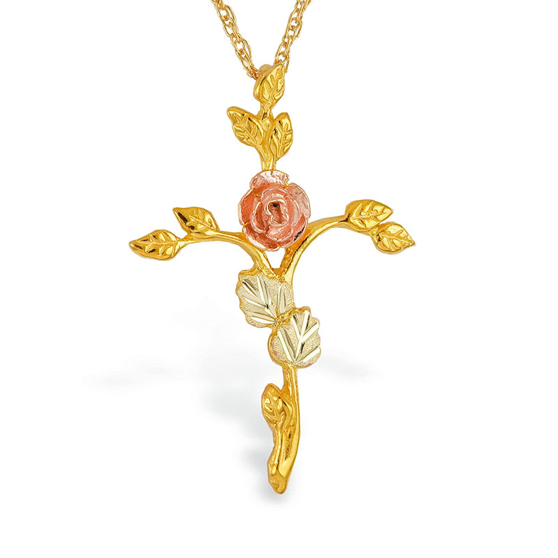 Petite Rose Cross Pendant Necklace, 10k Yellow Gold, 12k Green and Rose Gold Black Hills Gold Motif, 18"
