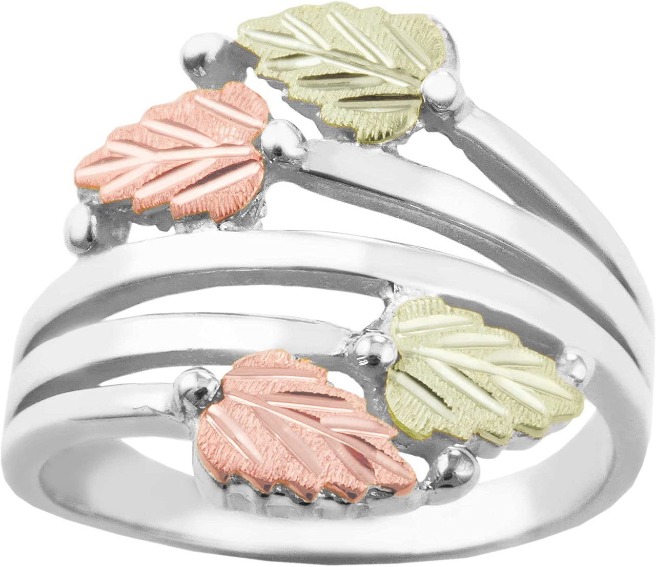 Layered Ring with Frosty Leaves, Sterling Silver, 12k Green and Rose Gold Black Hills Gold Motif