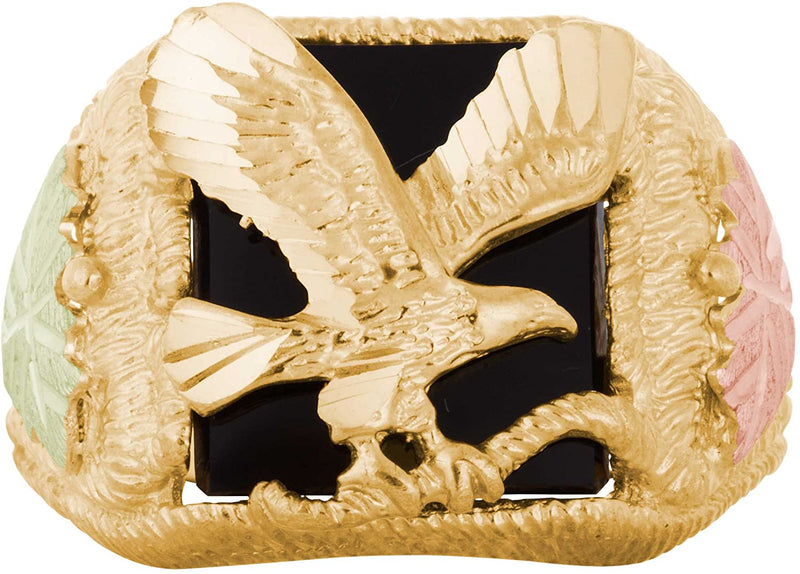 Men's Onyx Eagle Ring, 10k Yellow Gold, 12k Pink and Green Gold Black Hills Gold Motif, Size 8.5