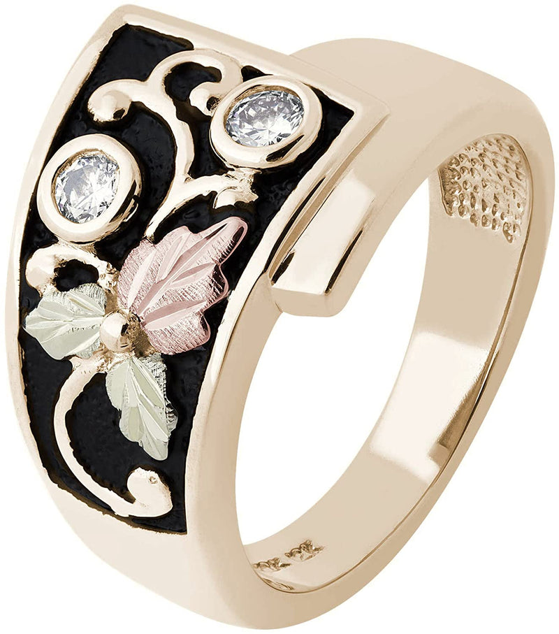 Inlaid Diamond Foliage Antique Ring, 10k Yellow Gold, 12k Green and Rose Gold Black Hills Gold Motif, Size 6