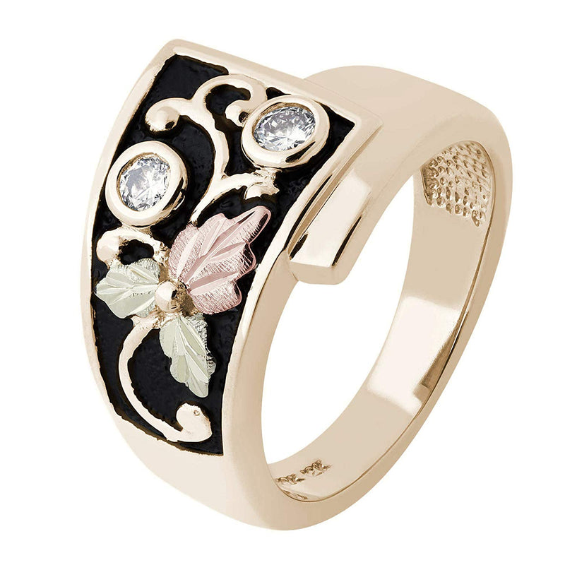 Inlaid Diamond Foliage Antique Ring, 10k Yellow Gold, 12k Green and Rose Gold Black Hills Gold Motif (.2 Ct)