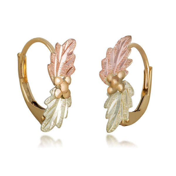 Bypass Leaf Leverback Earrings, 10k Yellow Gold, 12k Green and Rose Gold Black Hills Gold Motif