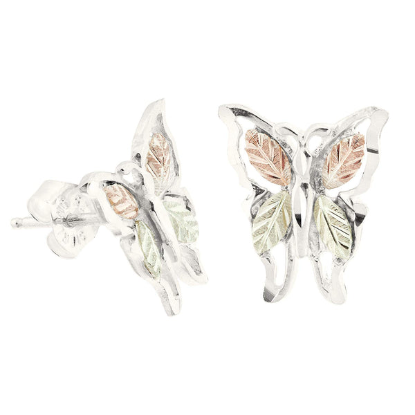 Tri-Tone Butterfly Earrings, Sterling Silver, 12k Green Gold, 12k Rose Gold Black Hills Gold