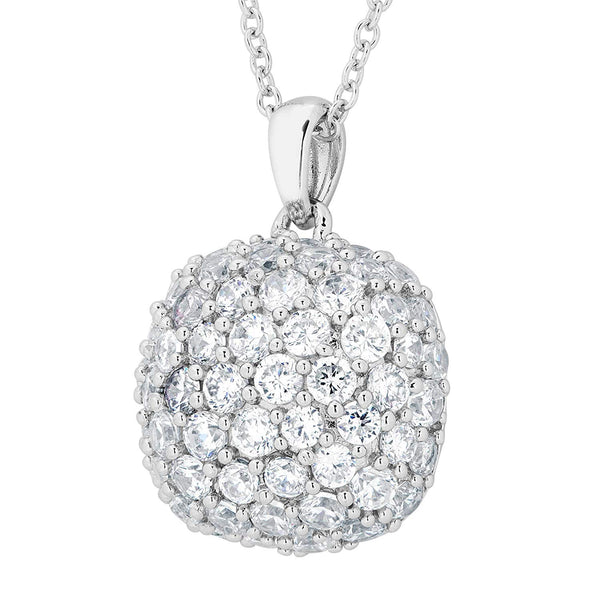 Pave CZ Soft Square Pendant Necklace, Rhodium Plated Sterling Silver, 18"