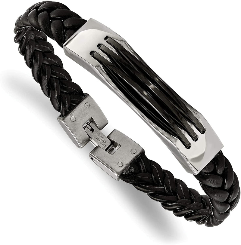 Men's Black Braided Leather Acrylic 10mm Stainless Steel Fold-Over Clasp Bracelet, 8.5 Inches
