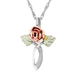 Rose Cross Pendant Necklace, Sterling Silver, 12k Green and Rose Gold Black Hills Gold Motif, 18"