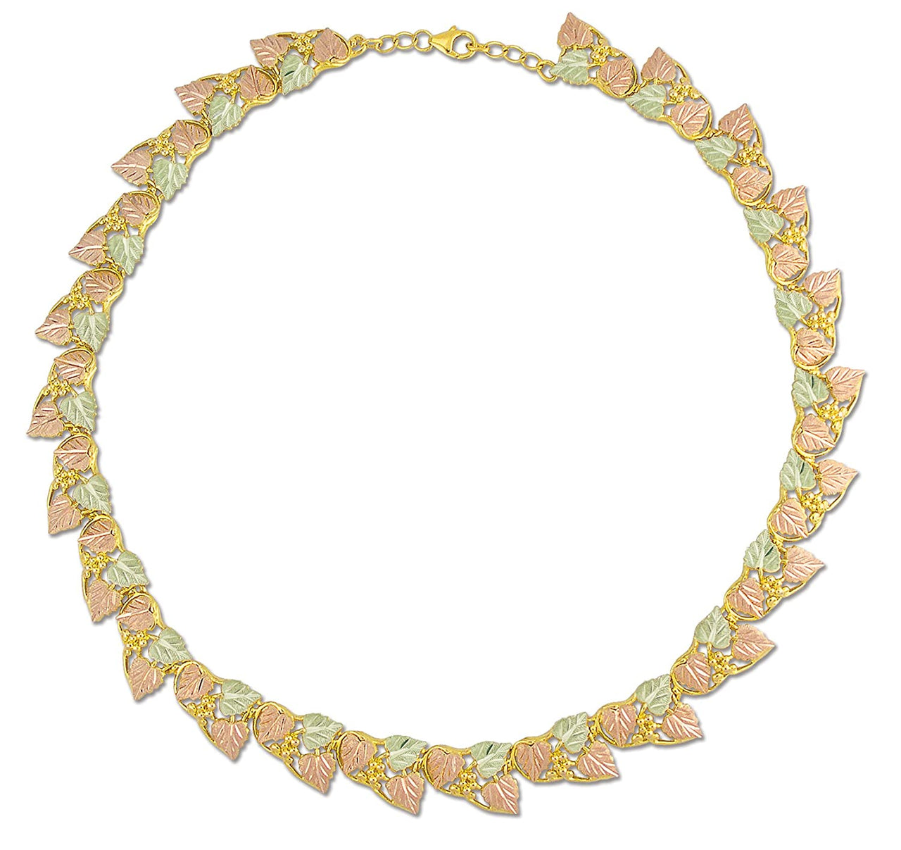 Heart Shape Leaves with Grape Round Necklace, 10k Yellow Gold, 12k Green and Rose Gold Black Hills Gold Motif, 18"