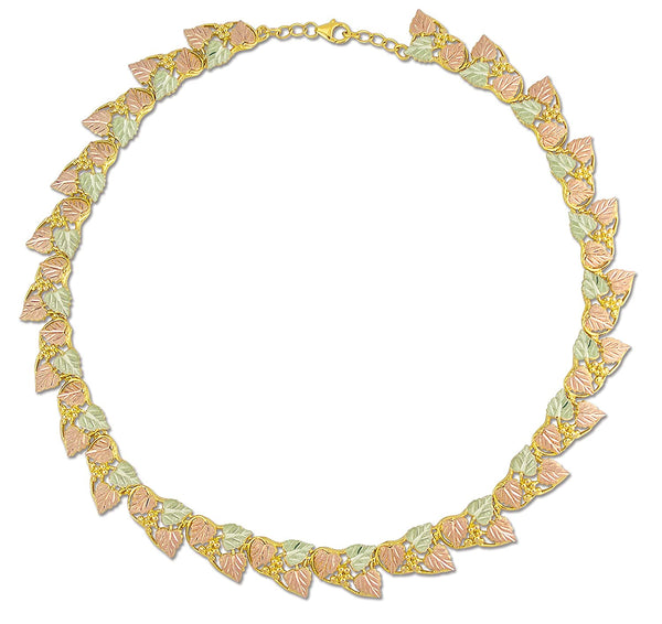 Heart Shape Leaves with Grape Round Necklace, 10k Yellow Gold, 12k Green and Rose Gold Black Hills Gold Motif, 18"