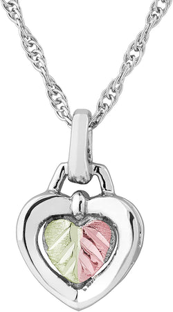 Rhodium-Plated Sterling Silver 12k Rose and Green Gold Heart with Two-Tone Leaf Black Hills Gold Pendant Necklace 18 Inches