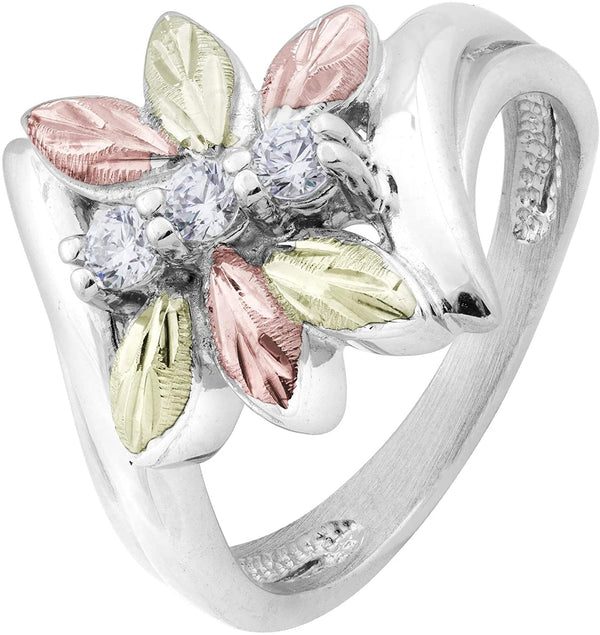 Rhodium-Plated Sterling Silver Six Leaf CZ Dragonfly Bypass Ring, 12k Rose and Green Gold Black Hills Gold Size 7.75