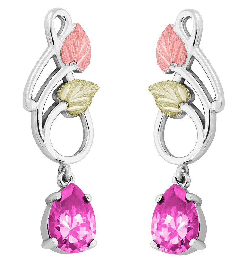 Pear Pink CZ Dangle Earrings, Sterling Silver, 12k Green and Rose Gold Black Hills Gold Motif