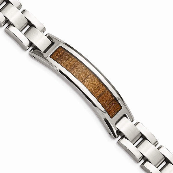 Men's Brushed Stainless Steel 12mm Wood Inlay Enameled Bracelet, 8.5 Inches