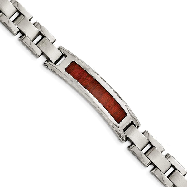 Men's Brushed Stainless Steel 13mm Red Wood Inlay Enameled ID Bracelet, 8.5 Inches