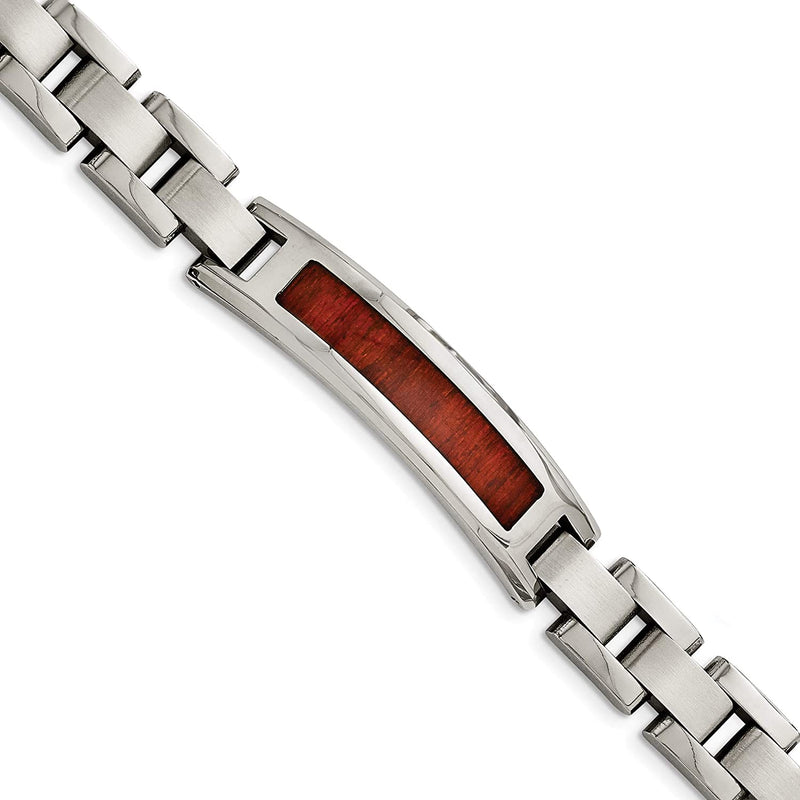 Men's Brushed Stainless Steel 13mm Red Wood Inlay Enameled ID Bracelet, 8.5 Inches