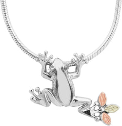 Frog Slider with Snake Chain Pendant Necklace, Sterling Silver, 12k Green and Rose Gold Black Hills Gold Motif, 20"