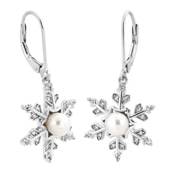 White Freshwater Cultured Pearl and CZ Snowflake Earrings, Rhodium Plated Sterling Silver (5-5.5 MM)