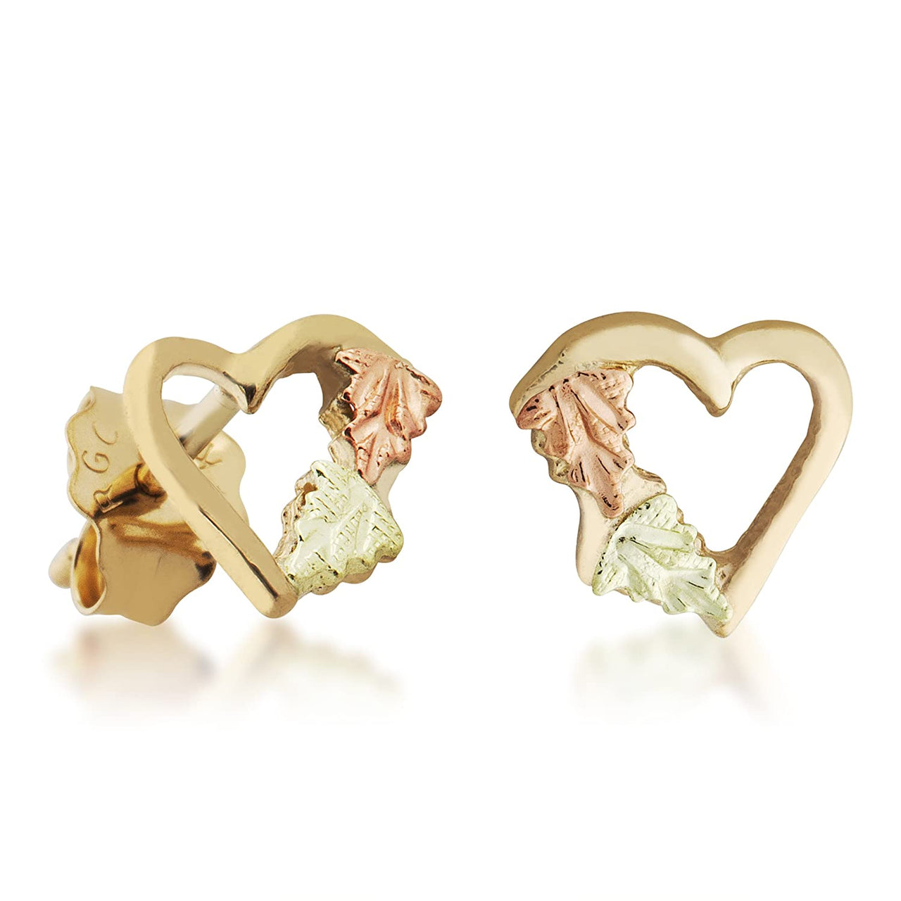 Mirror Polished Heart Earrings, 10k Yellow Gold, 12k Green and Rose Gold Black Hills Gold Motif