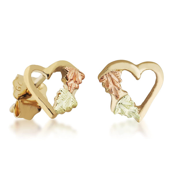 Mirror Polished Heart Earrings, 10k Yellow Gold, 12k Green and Rose Gold Black Hills Gold Motif