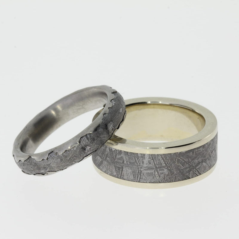 Gibeon Meteorite Wavy Titanium Band and Gibeon Meteorite, 14k Yellow Gold Band, Couples Wedding Rings, M11-F6