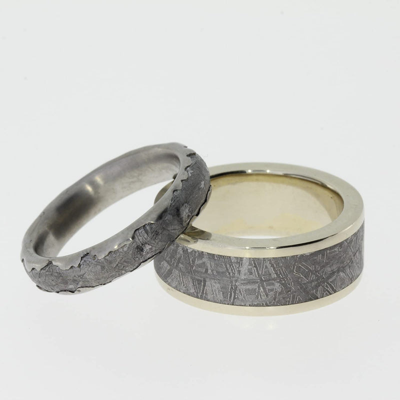 Gibeon Meteorite Wavy Titanium Band and Gibeon Meteorite, 14k Yellow Gold Band, Couples Wedding Rings, M15-F4.5