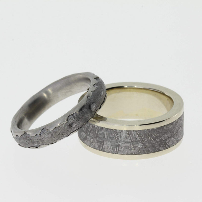 Gibeon Meteorite Wavy Titanium Band and Gibeon Meteorite, 14k Yellow Gold Band, Couples Wedding Rings