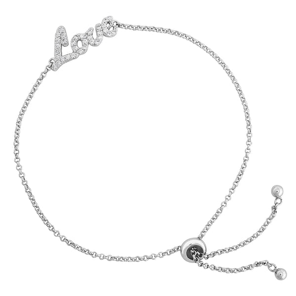 CZ 'Love' Bolo Bracelet, Rhodium Plated Sterling Silver