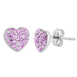 Precious Pink Pave CZ Heart Stud Earrings, Rhodium Plated Sterling Silver