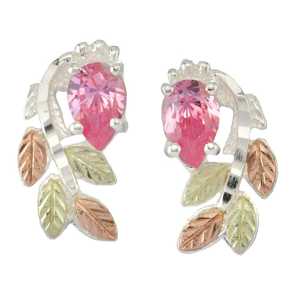 Pink Pear CZ Earrings, Sterling Silver, 12k Green and Rose Gold Black Hills Gold Motif