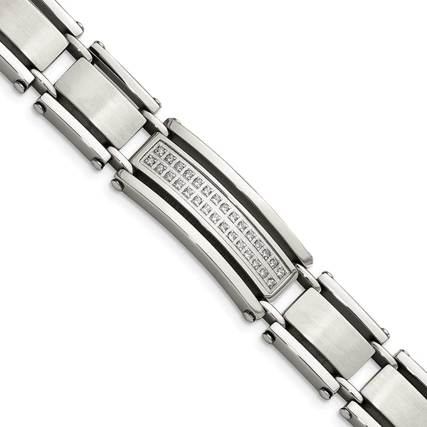 Men's Polished & Brushed Stainless Steel 14mm CZs Link Bracelet, 8.5 Inches