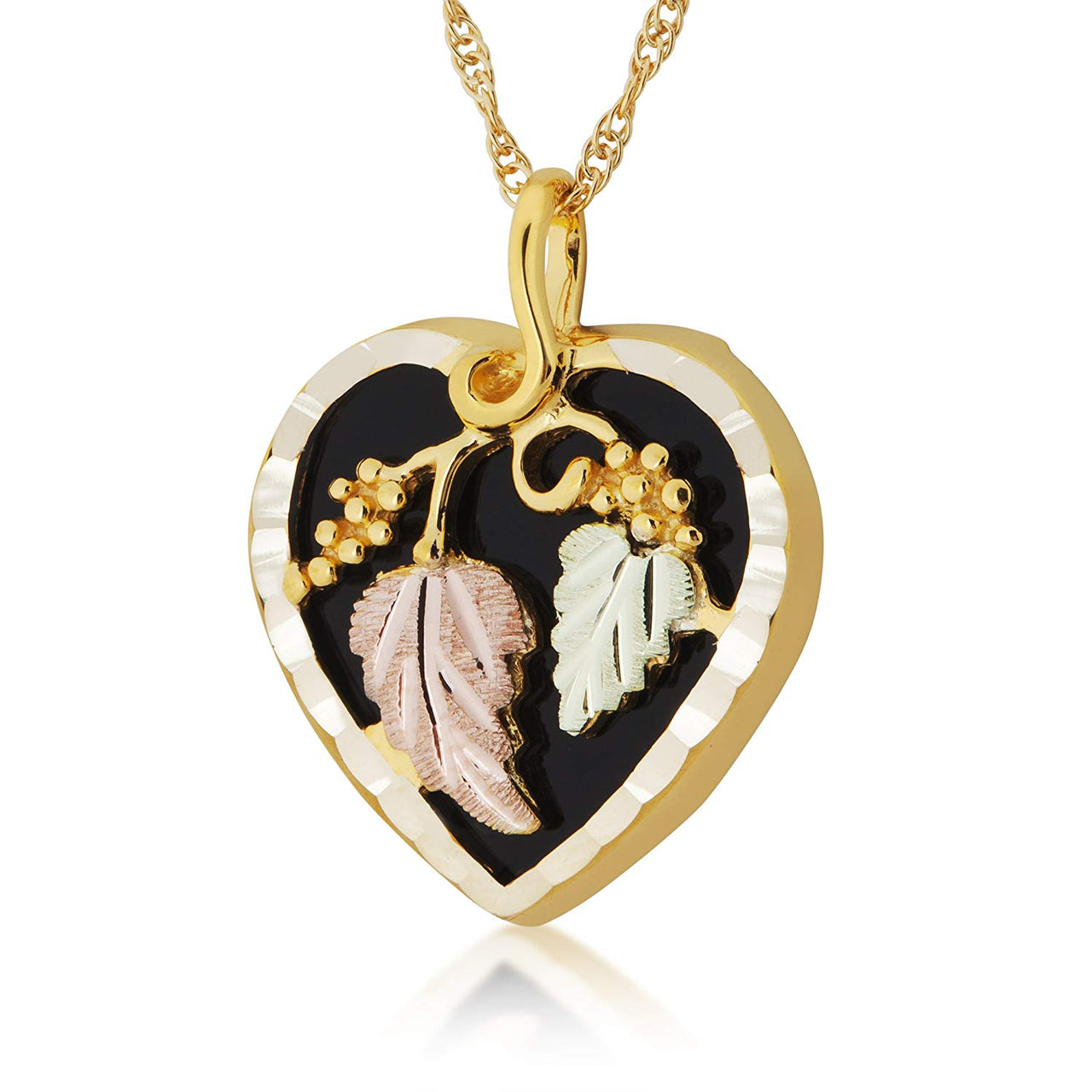 Onyx Heart Shaped Pendant Necklace, 10k Yellow Gold, 12k Green and Rose Gold Black Hills Gold Motif, 18"