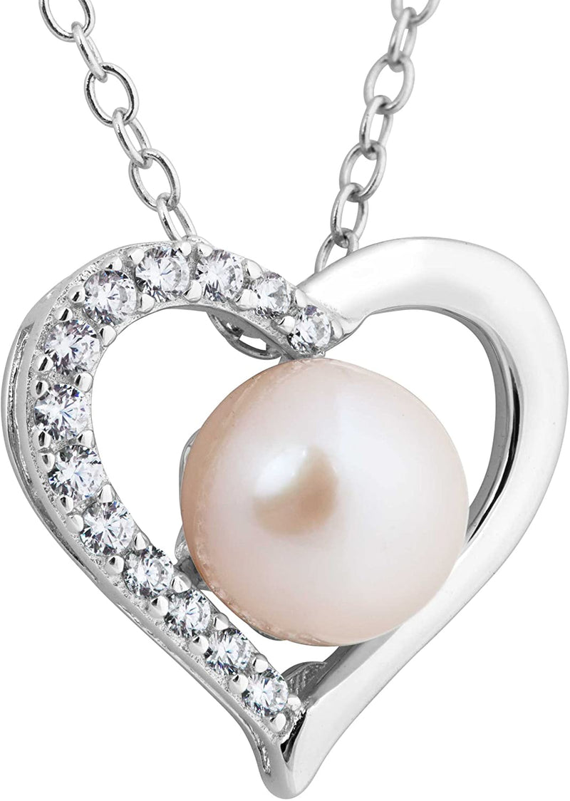 The Men's Jewelry Store (for HER) Lush Pearl in Heart CZ Pendant Necklace, Rhodium Plated Sterling Silver, 18"