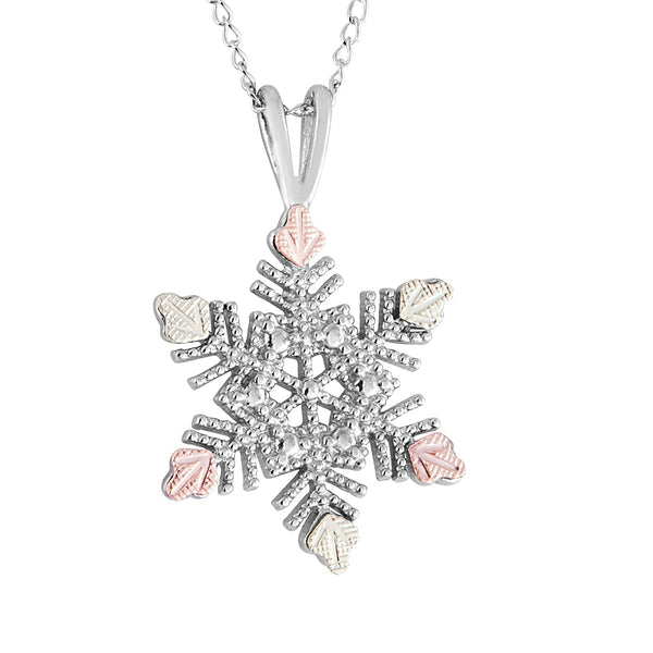 Granulated Bead Snowflake Pendant Necklace, Sterling Silver, 12k Green and Rose Gold Black Hills Gold Motif, 18"