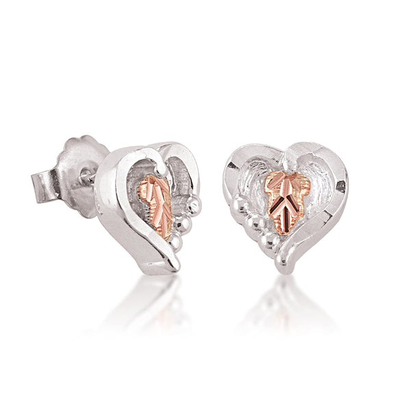 Ave 369 Bead Heart Earrings, Sterling Silver, and 12k Rose Gold Black Hills Gold Motif