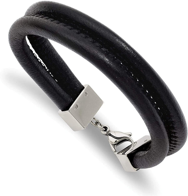 Men's Black Leather Double Row Stainless Steel Bracelet 8.5 Inches