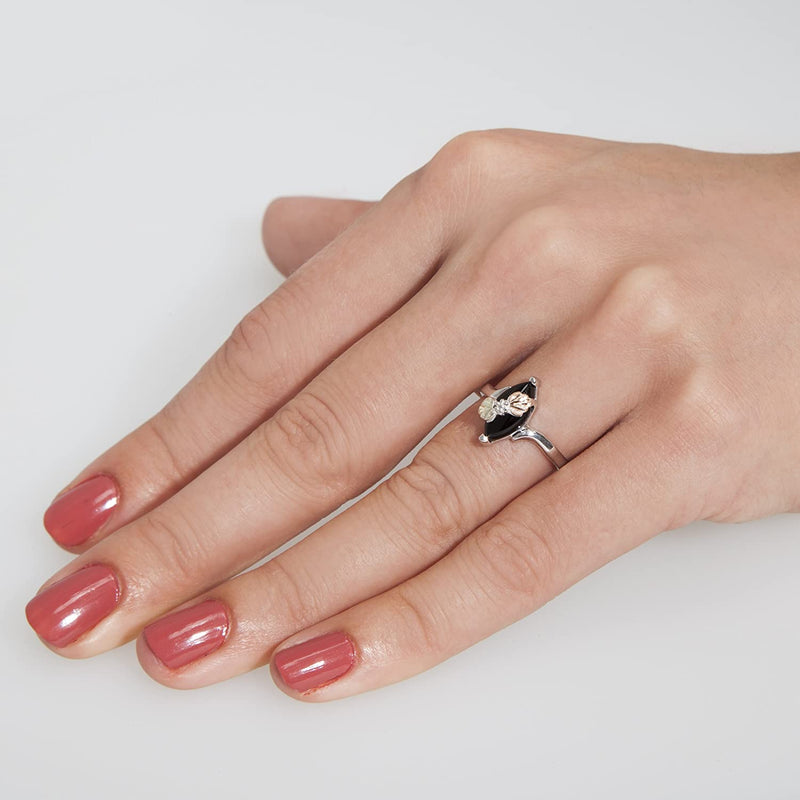 Slim-Profile Marquise Onyx Bypass Ring, Sterling Silver, 12k Green and Rose Gold Black Hills Gold Motif