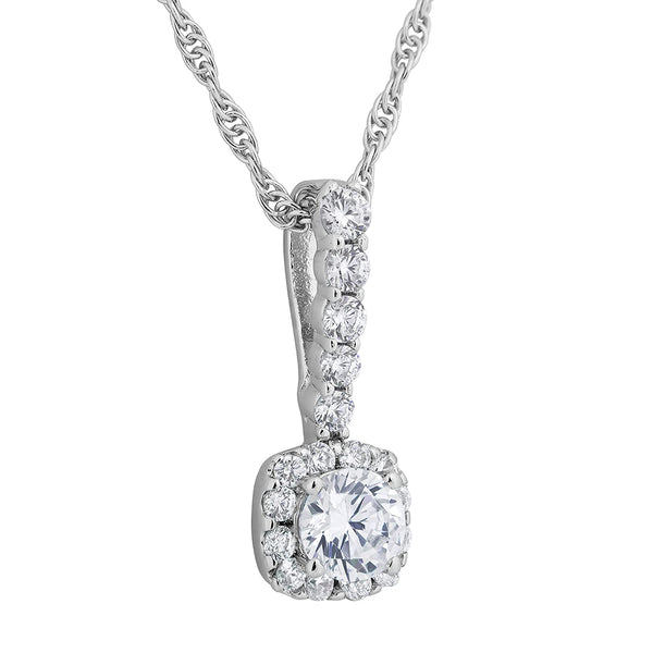 CZ Halo Pendant Necklace, Rhodium Plated Sterling Silver, 18"