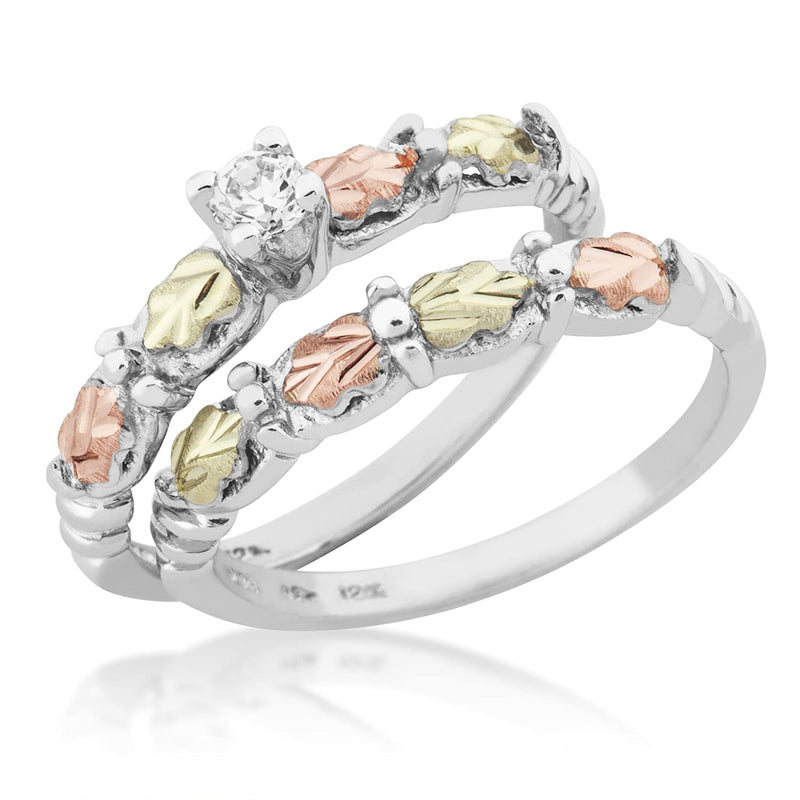 Ave 369 CZ Wedding and Engagement Ring Set, Sterling Silver, 12k Green and Rose Gold Black Hills Gold Motif