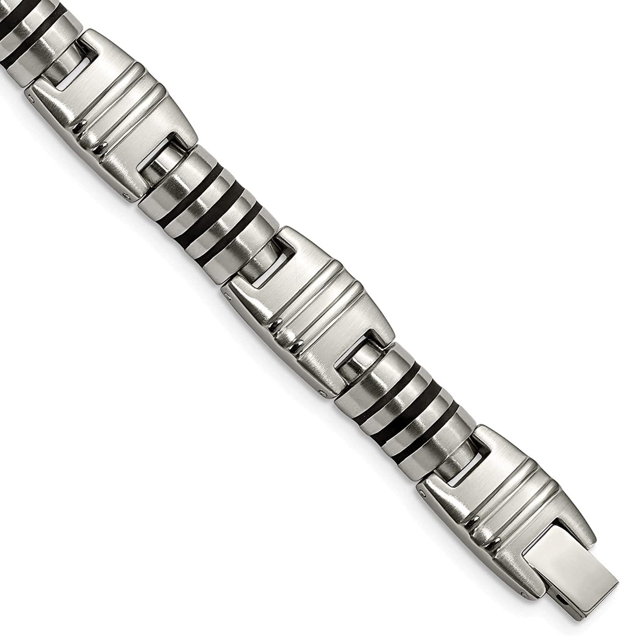 Men's Brushed and Polished Stainless Steel Black Enamel Link Bracelet, 8.25 Inches