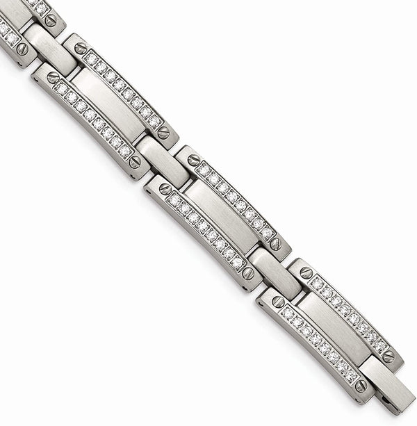 Men's Brushed Stainless Steel CZ Link Bracelet, 8.5 Inches