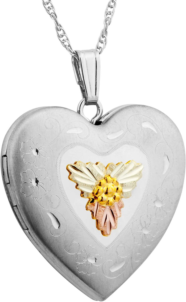 Large Heart Locket Pendant Necklace, Sterling Silver, 12k Green and Rose Gold Black Hills Gold Motif, 18"