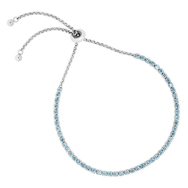 Petite Light Blue CZ Adjustable Rhodium Plated Sterling Silver Bracelet