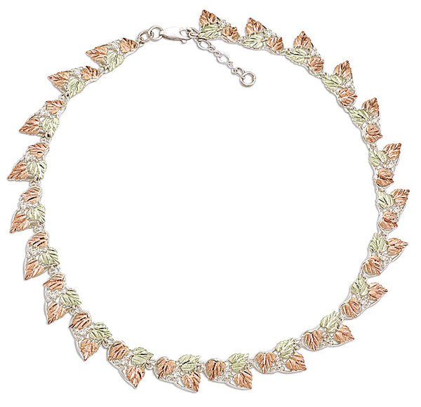 Fancy Leaf Link Necklace, Sterling Silver, 12k Green and Rose Gold Black Hills Gold Motif, 18"