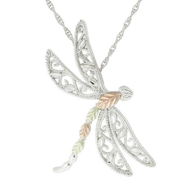 Filigree Dragonfly Pendant Necklace, Sterling Silver, 12k Green Gold, 12k Rose Gold Black Hills Gold, 18''
