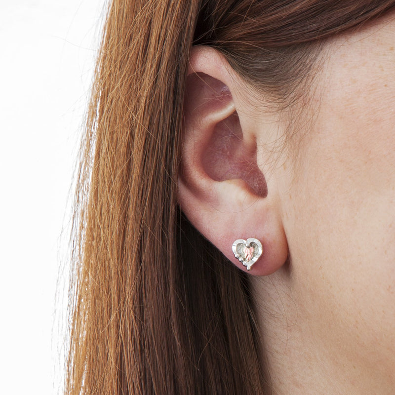 Ave 369 Bead Heart Earrings, Sterling Silver, and 12k Rose Gold Black Hills Gold Motif