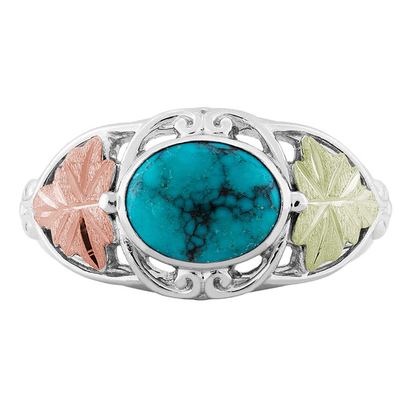 Inlaid Oval Turquoise with Leaves Ring, Sterling Silver, 12k Green and Rose Gold Black Hills Gold Motif
