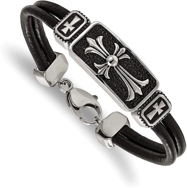 Men's Cross Black Leather Antiqued Stainless Steel Bracelet, 8.5 Inches