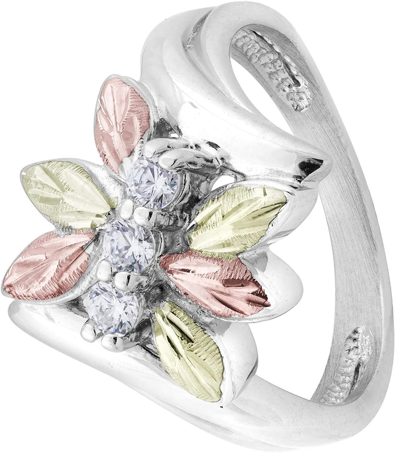 Rhodium-Plated Sterling Silver Six Leaf CZ Dragonfly Bypass Ring, 12k Rose and Green Gold Black Hills Gold Size 9
