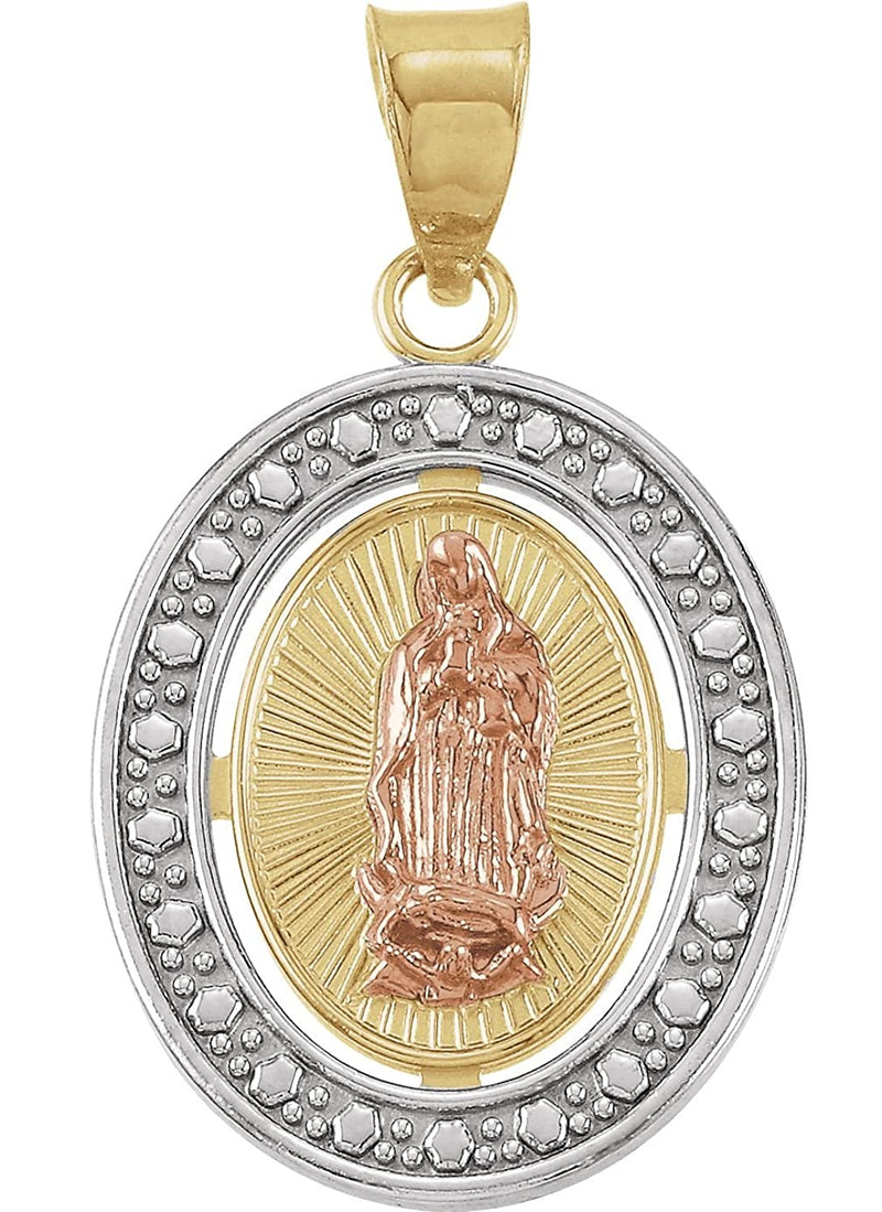 Rhodium-Plated 14k Yellow and Rose Gold Tri-Color Our Lady of Guadalupe Oval Pendant (15.5x12.75 MM)